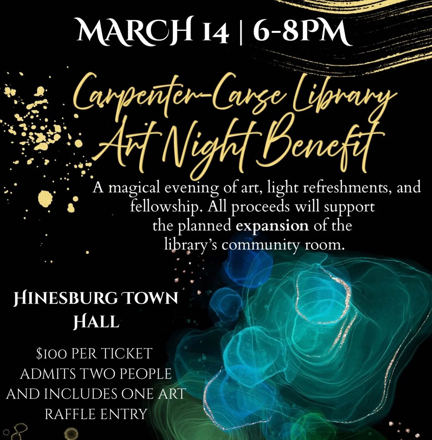 The Carpenter-Carse Library Art Night Benefit
Dress up, bring a date (or a friend!), and celebrate the Carpenter-Carse Library at our first annual Art Night Benefit on Saturday, March 14, at the Hinesburg Town Hall. This festive evening will feature 