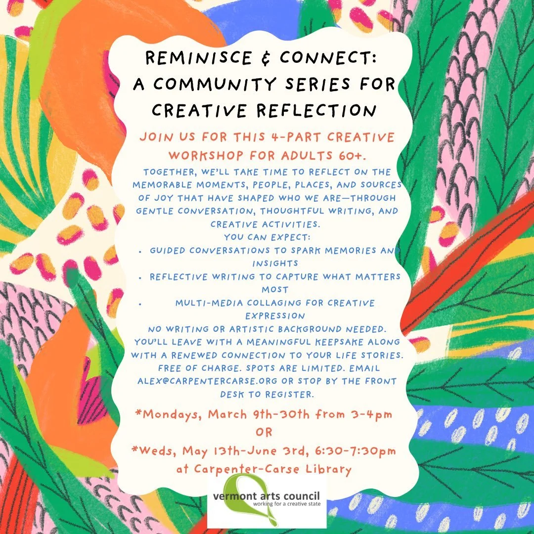 Email alex@carpentercarse.org to register for this exciting creative workshop for adults over 60.