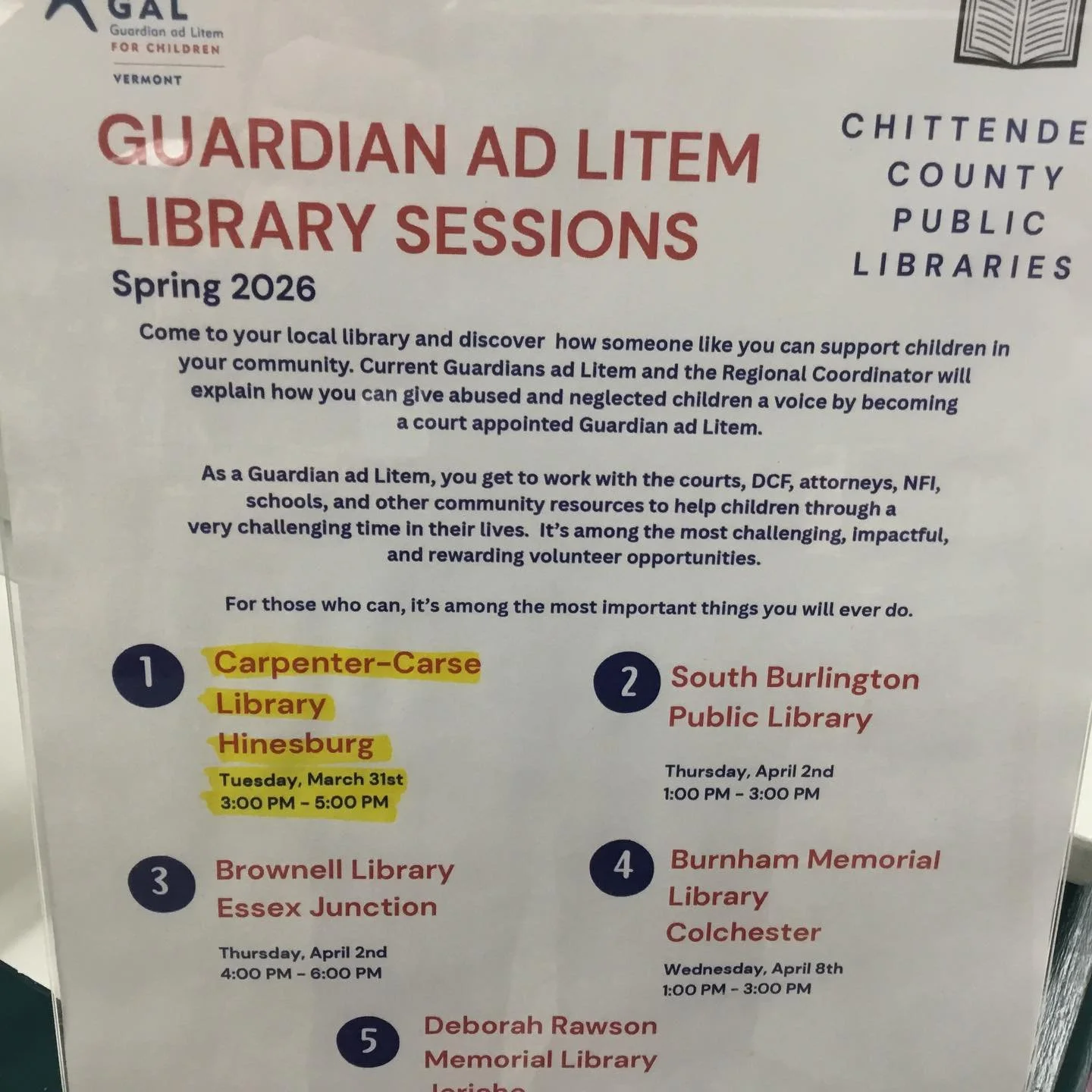 This event was in fact not cancelled and is still happening today, March 31st, from 3-5pm.  Please come down to CCL to find out about a very meaningful and important volunteer opportunity.