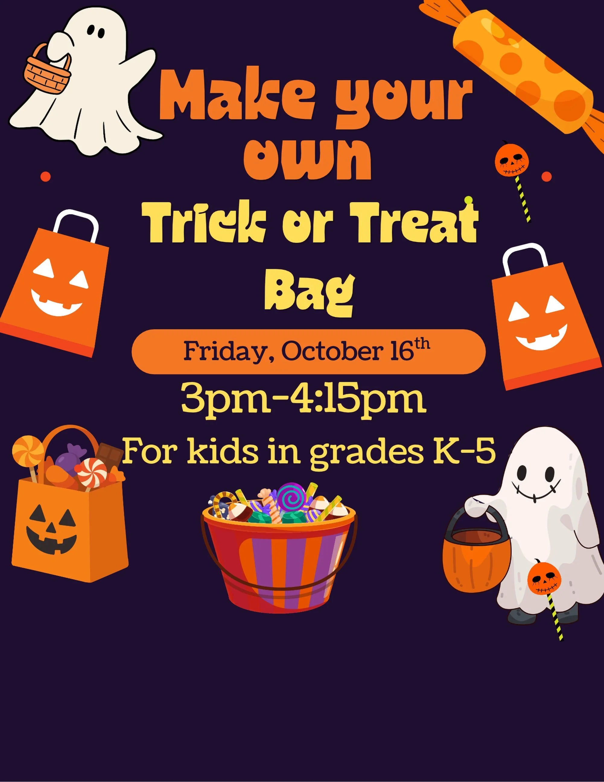 We still have space for kids in grades K-5 to come and make their own canvas trick or treat bags on Friday, October 16th at 3:00 - 4:15. Contact jen@carpentercarse.org to sign up!