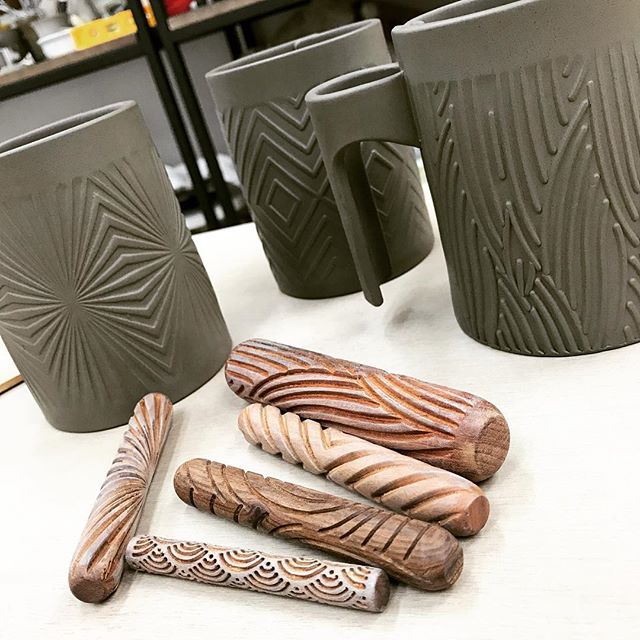 Trying out these new roller stamps. They're quite fun to use! #designermugs #handmademugs #handmadeceramics #handmadepottery