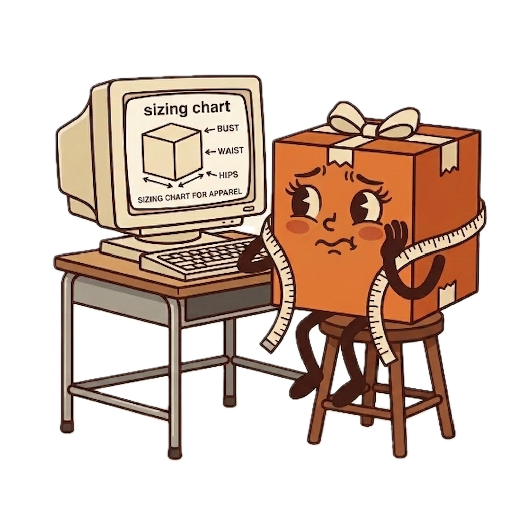 Bessie Box, a retro cartoon shipping box character, sitting at a retro computer studying a sizing chart designed for a box, with a measuring tape wrapped around her and a puzzled expression.