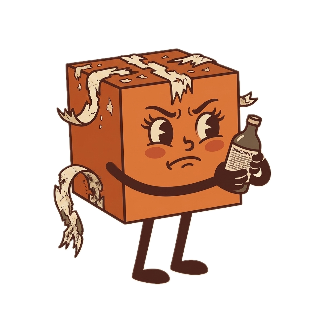 Bessie Box, a retro cartoon shipping box character representing DTC culture, holding a hair product ingredient bottle with a skeptical expression, her bow unraveling and packing tape peeling away.