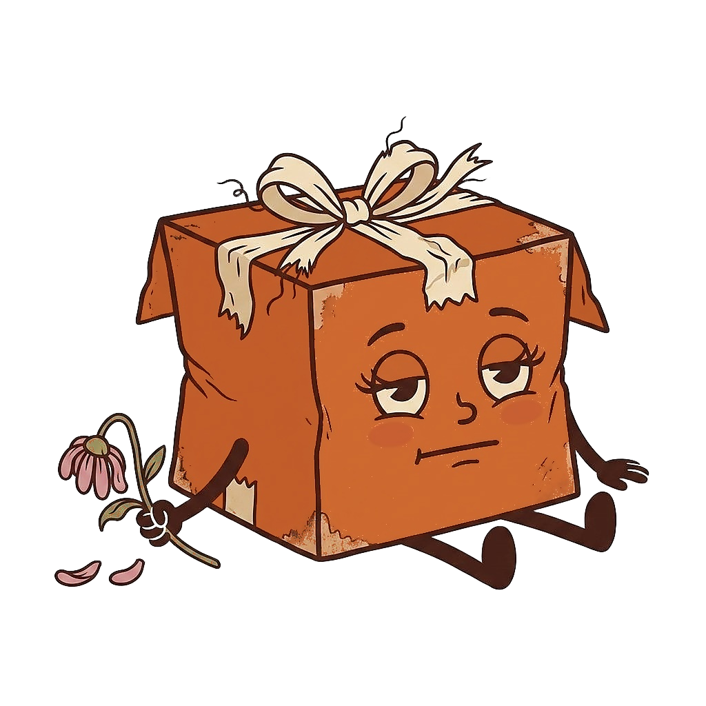 Bessie Box, a retro cartoon shipping box character, sitting on the ground exhausted with her top flaps open, bow unraveling, holding a wilting daisy with petals fallen around her. She's a returned order.