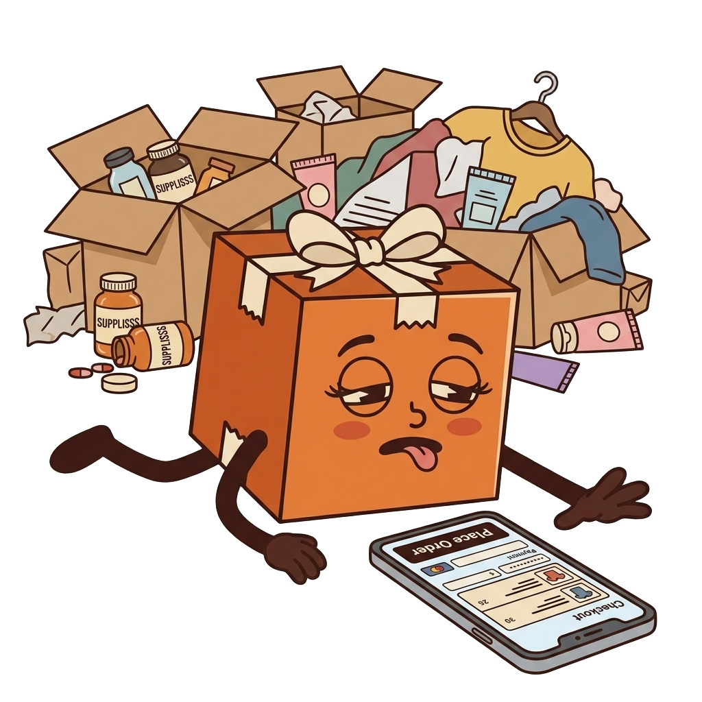 Bessie Box, a retro cartoon shipping box character, army-crawling toward a smartphone with a delirious expression, an overwhelming pile of open boxes and discarded purchases behind her.