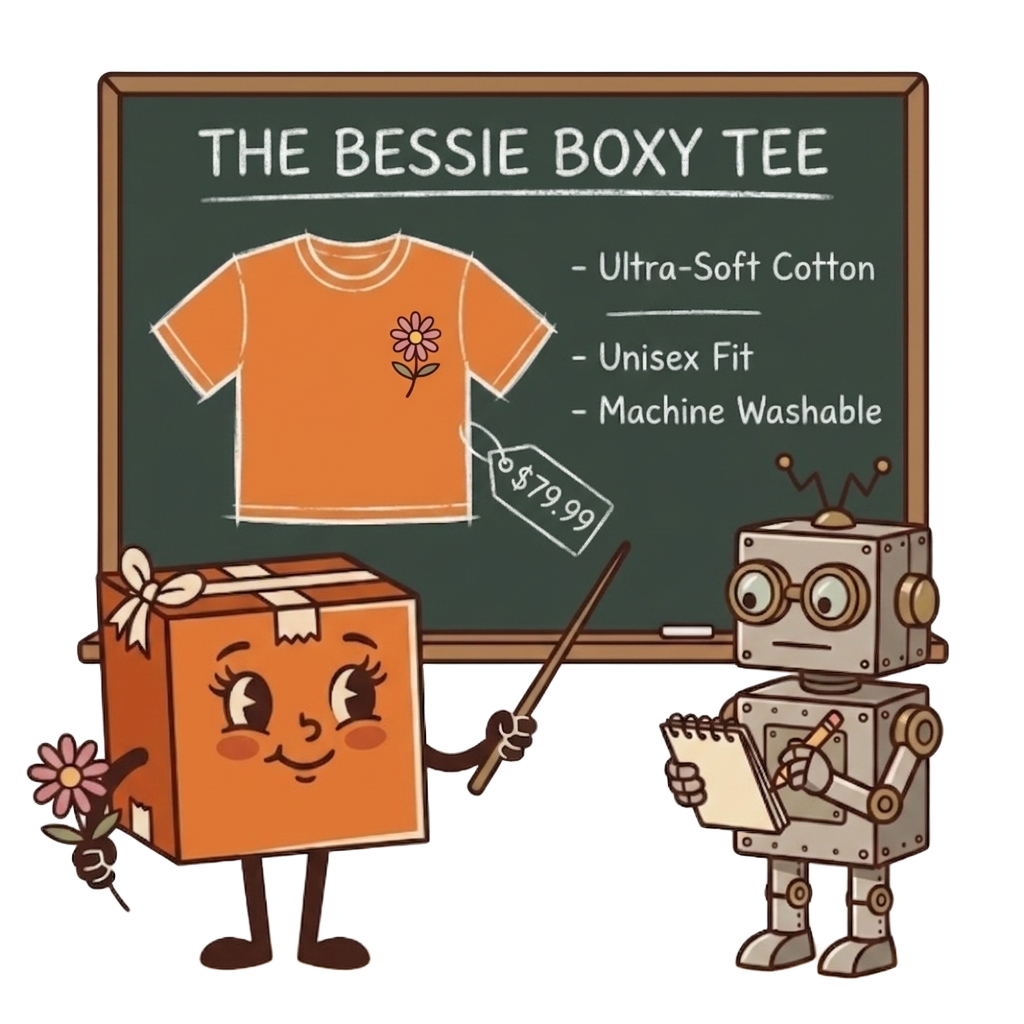 Bessie Box, the retro cartoon mascot of Best Buds CX representing joyful DTC Modern Consumer Brand unboxing experiences, teaches an AI robot how to sell her ecommerce products using a chalkboard product detail page.