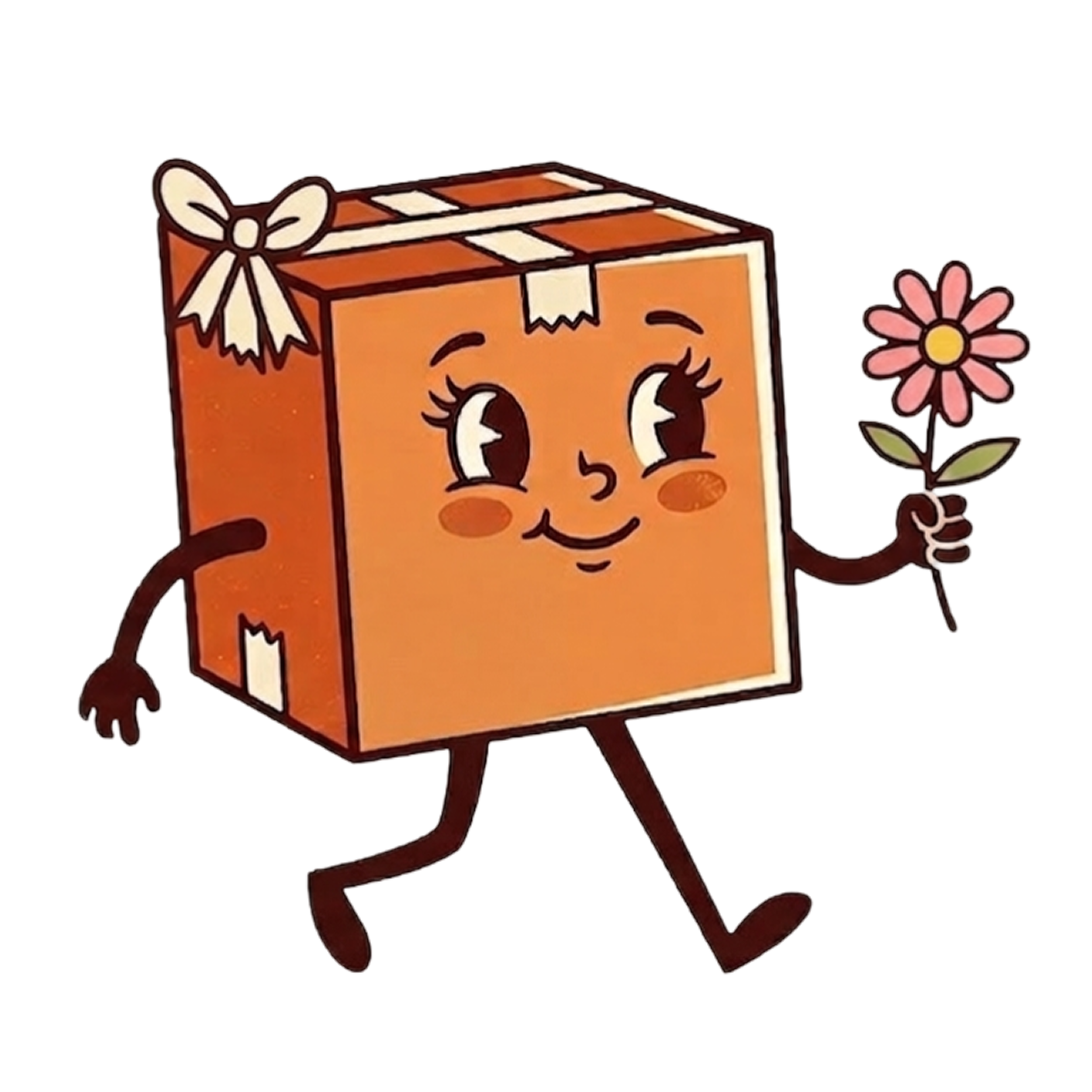 Retro cartoon shipping box character holding a flower, Mascot for Best Buds a fractional COO operations support for founder-led ecommerce  and DTC brands.