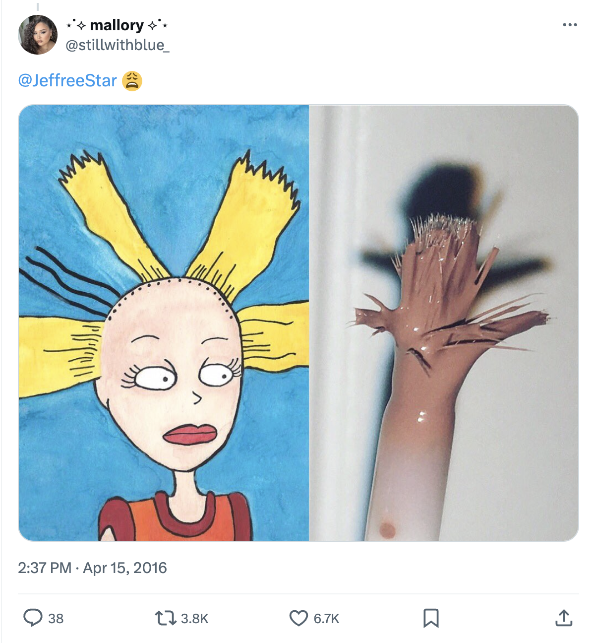 Side-by-side tweet showing a frayed Kylie Cosmetics lip kit applicator wand next to a Rugrats drawing of Cynthia, Angelica's doll, posted by @stillwithblue_ in April 2016.