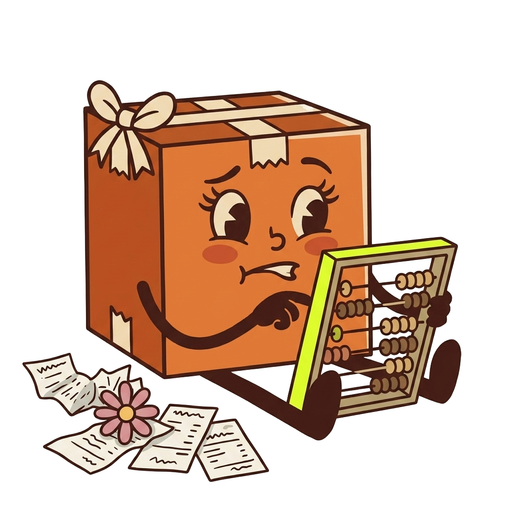 Bessie Box, a retro cartoon shipping box character, looking puzzled at an abacus beside scattered receipts and a daisy.