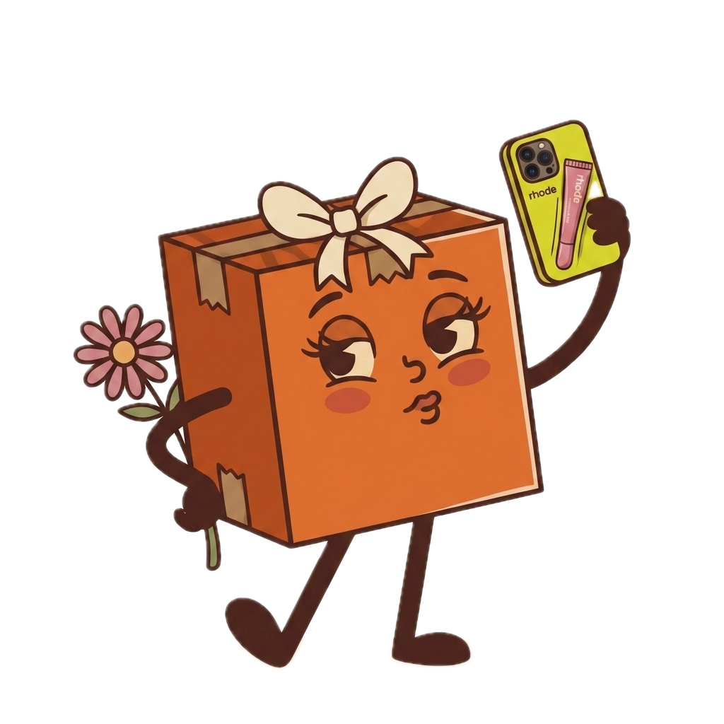 Bessie Box, a retro cartoon shipping box character, taking a selfie while holding a Rhode lip gloss phone case, one leg kicked back, soft pout expression.