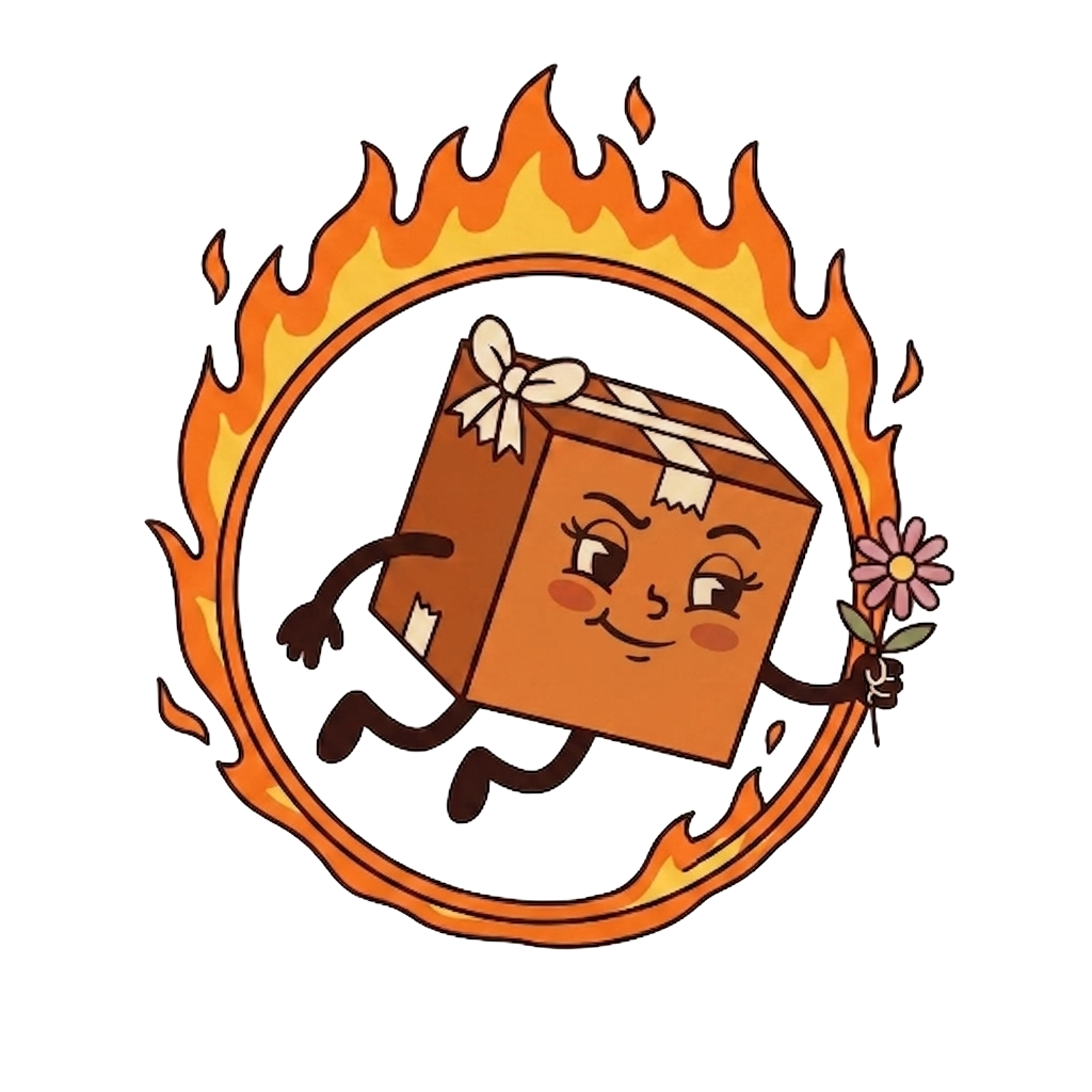 Bessie Box, a retro cartoon shipping box character, diving through a flaming hoop with a confident, slightly smug smile, daisy in hand, completely unbothered by the fire.