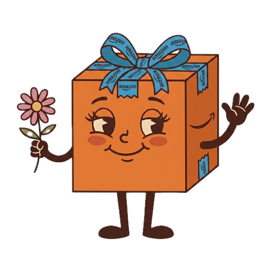 Bessie Box, a retro cartoon shipping box character, holding a pink daisy and waving while wearing an Amazon-branded blue bow and tape, representing the MCF fulfillment decision facing CPG brands.