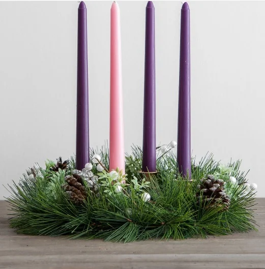 photo from The Purposeful Mom . A more traditional style; often sets like this can be purchased all together at craft stores or Christian bookstores. No fuss, simple, and timeless, the long tapered candles will be seen by all who gather around your table this season.