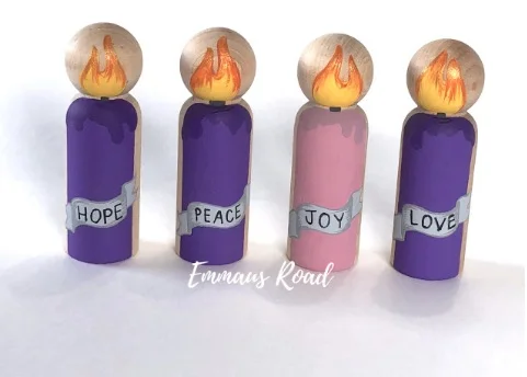 photo from E mmaus Road Peg s Here is a fireproof option: peg candles! Purchase this set, with or without wreath at Emmaus Road Pegs, or make it a family craft and create your own!