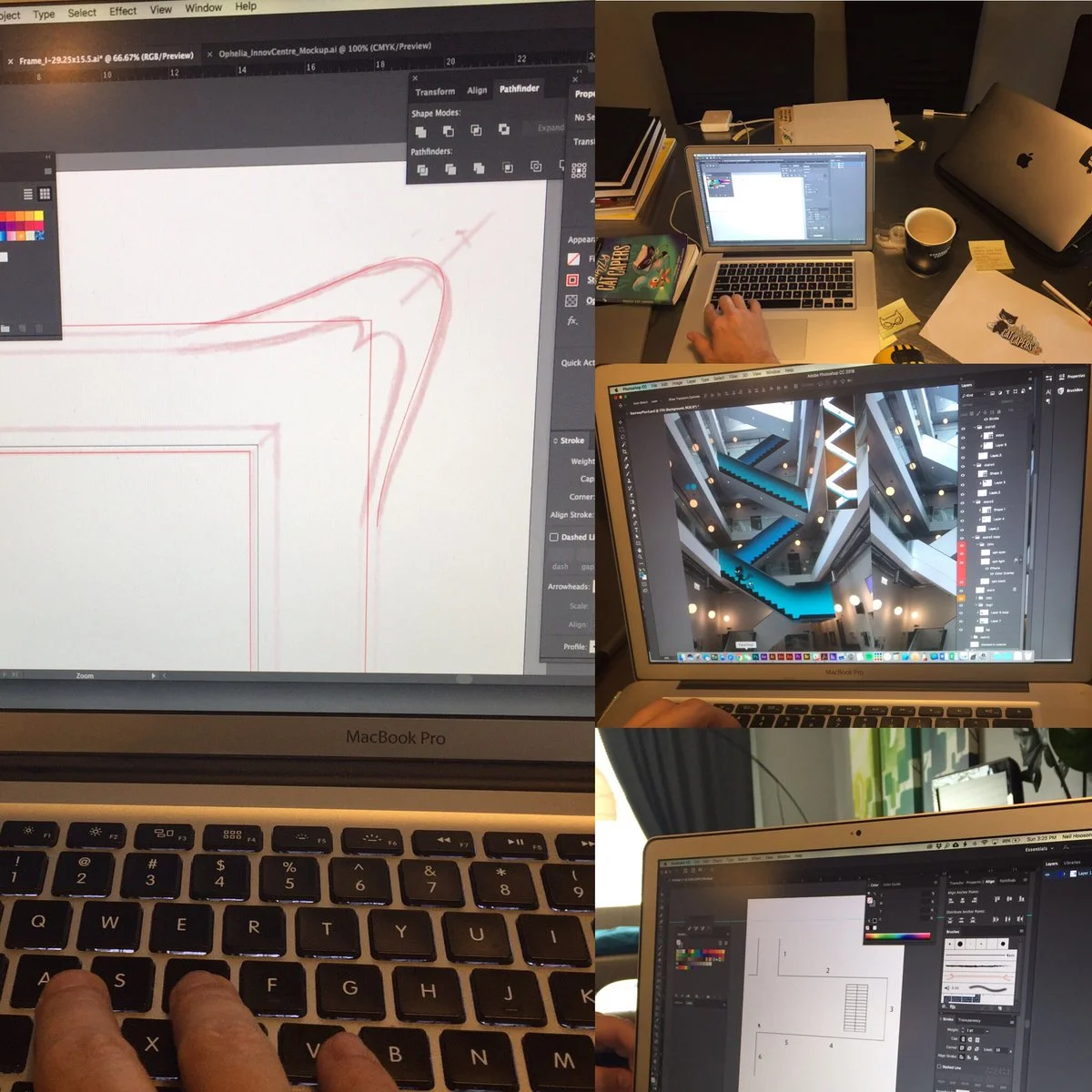 Planning for the Innovation Centre display! NEIL designed the art frames in Adobe Illustrator, and we had to figure out how we'd construct them so we could build and install overtop of the thrift store frames we'd purchased. The pic on the top right is the cool staircase in Kelowna's Innovation Centre. We're doing a custom animation using the fancy projector in the building! 