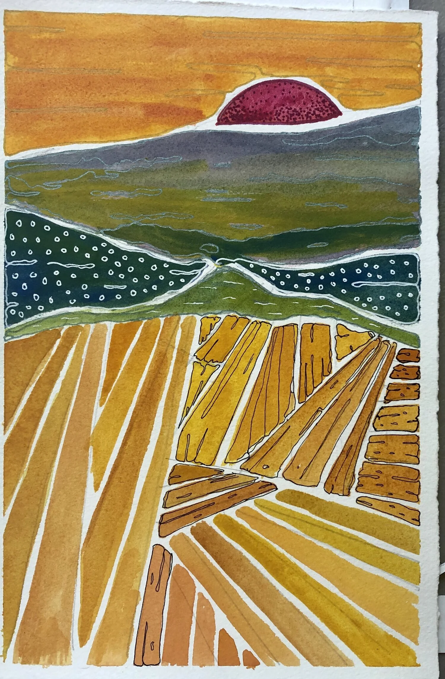 Fields in the Foothills, Watercolor