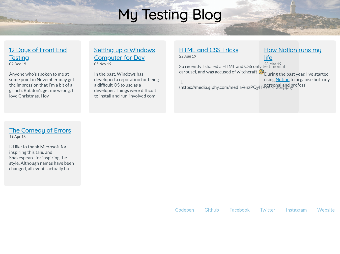 Screenshot of blog page as run during the the pa11y test