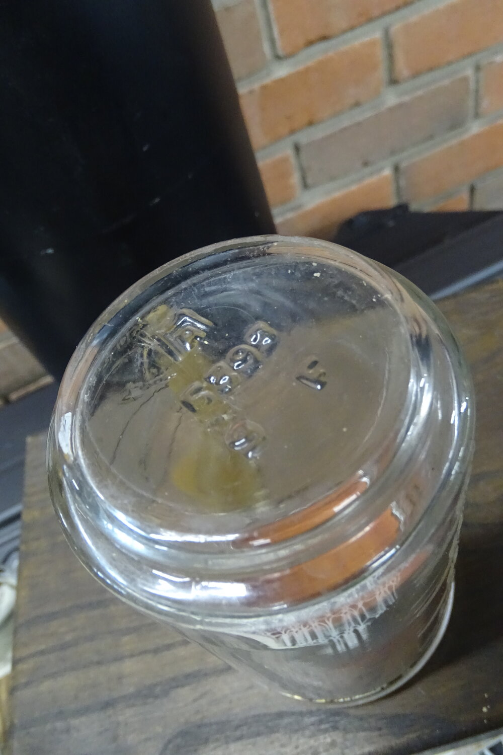 Vtg MCM 14oz Hand Food Nut Chopper Glass Jar Teal Wood Handle Painted Top