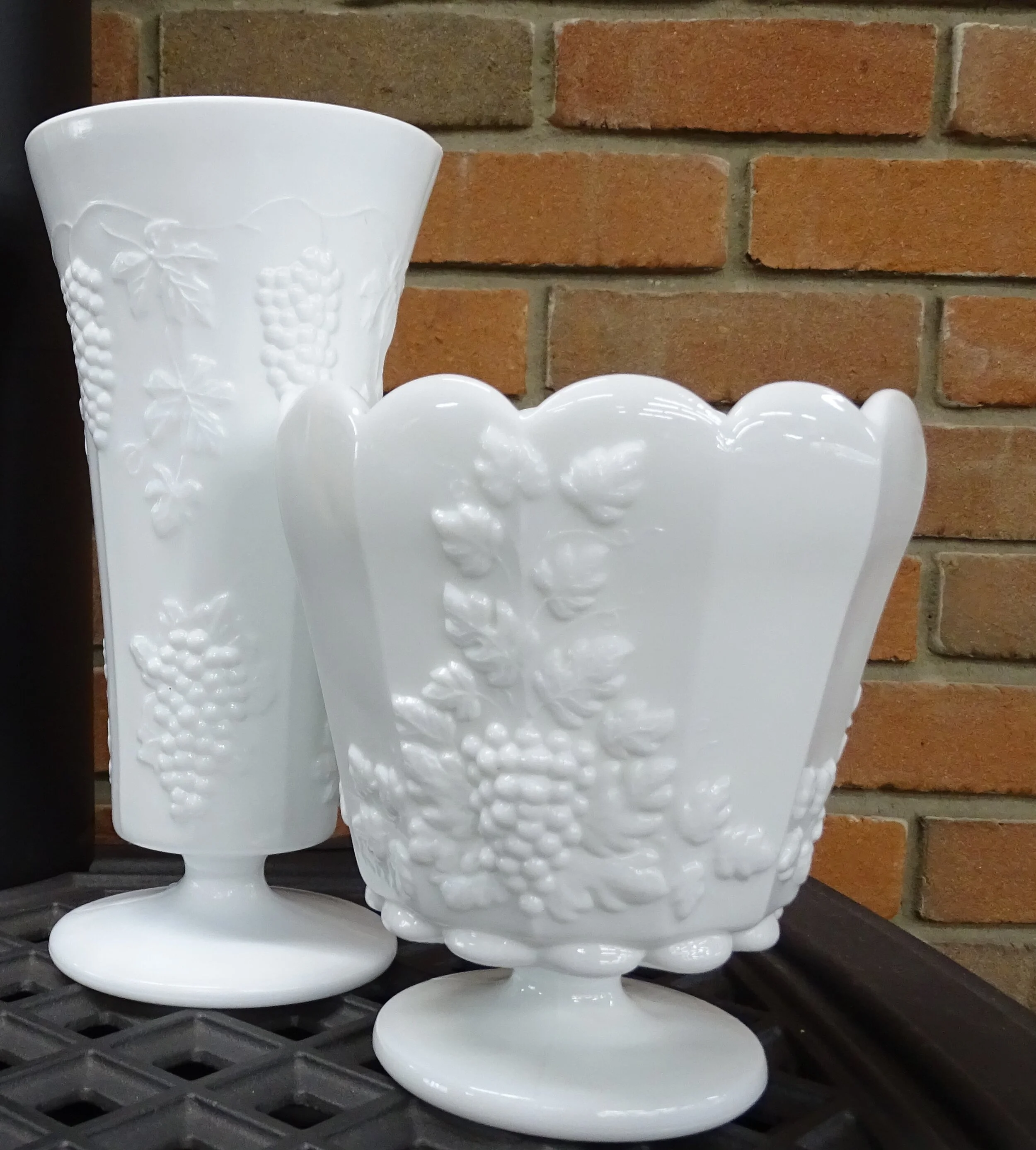 White Milk Glass Harvest Pattern Trumpet Vase and Planter.JPG