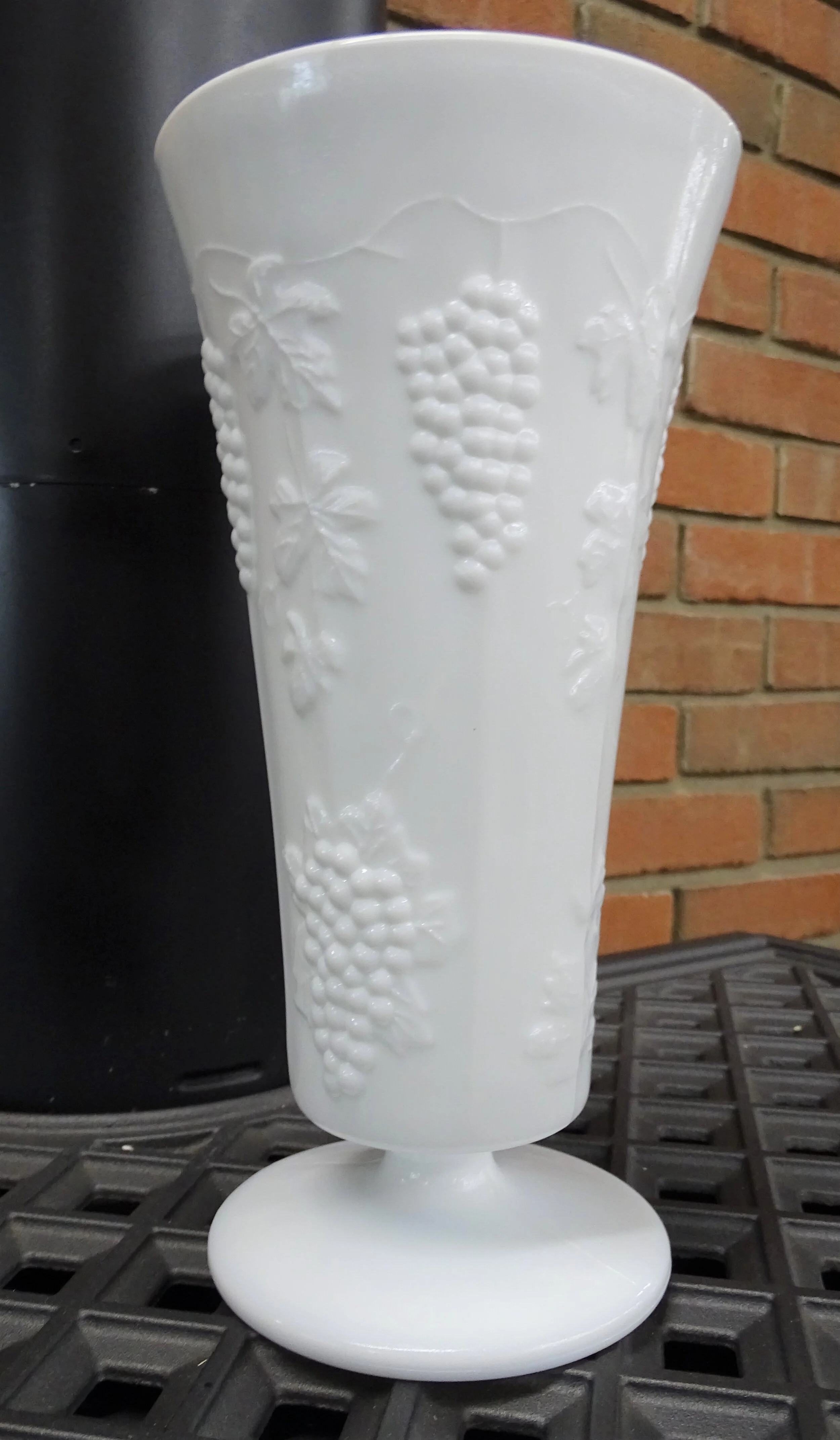 White Milk Glass Harvest Pattern Trumpet Vase 2.JPG