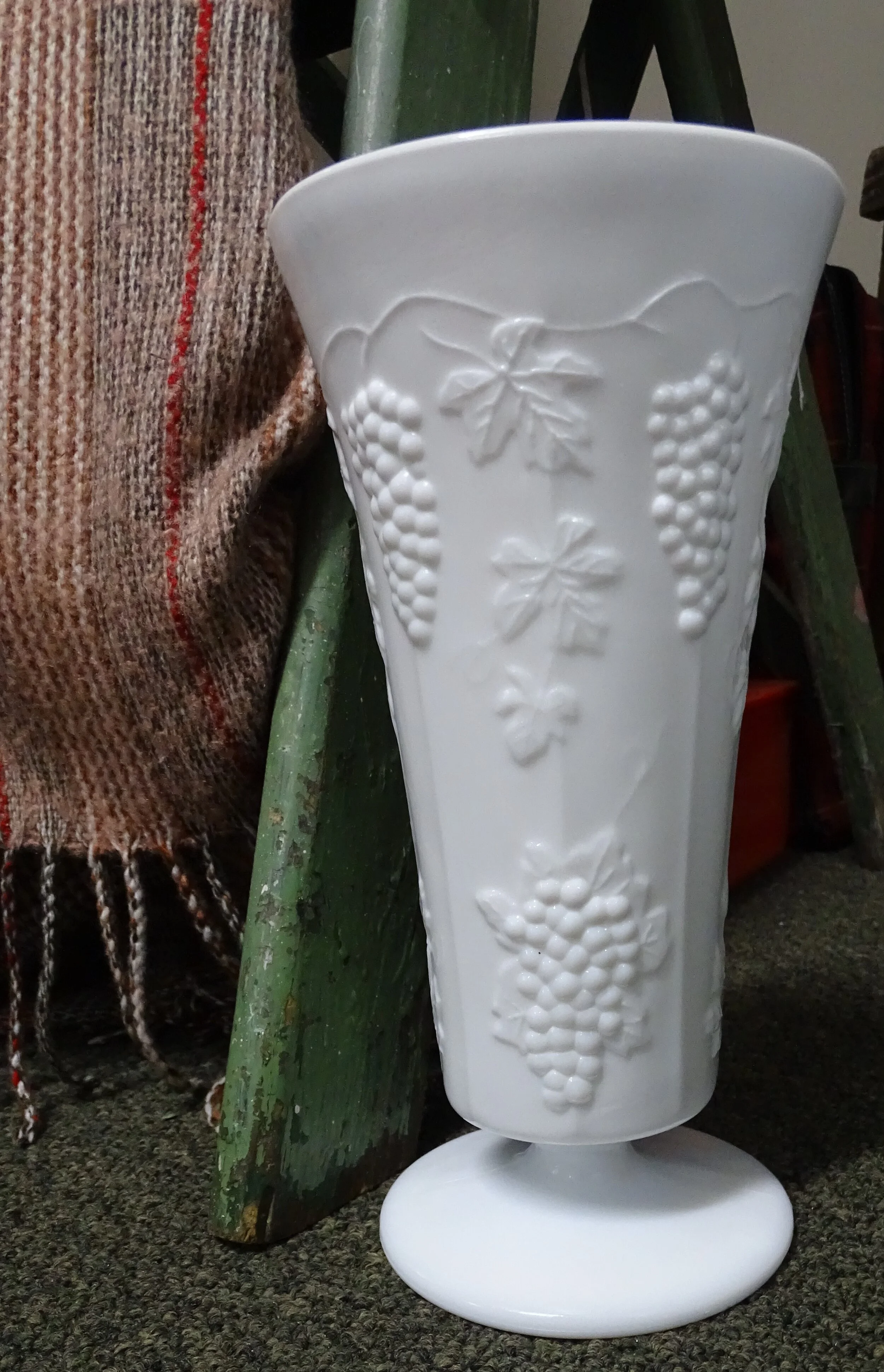 White Milk Glass Harvest Pattern Trumpet Vase Display 1.JPG