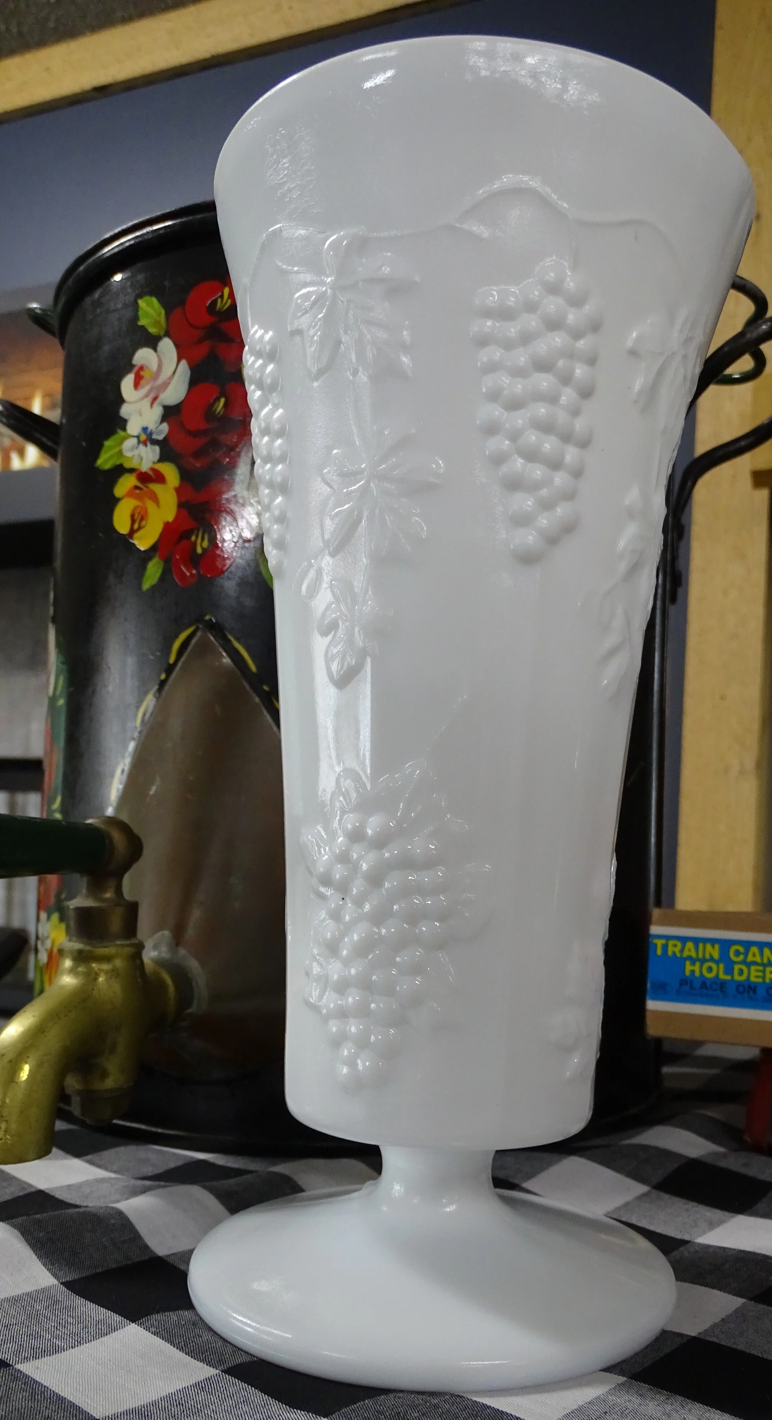 White Milk Glass Harvest Pattern Trumpet Vase Display 2.JPG
