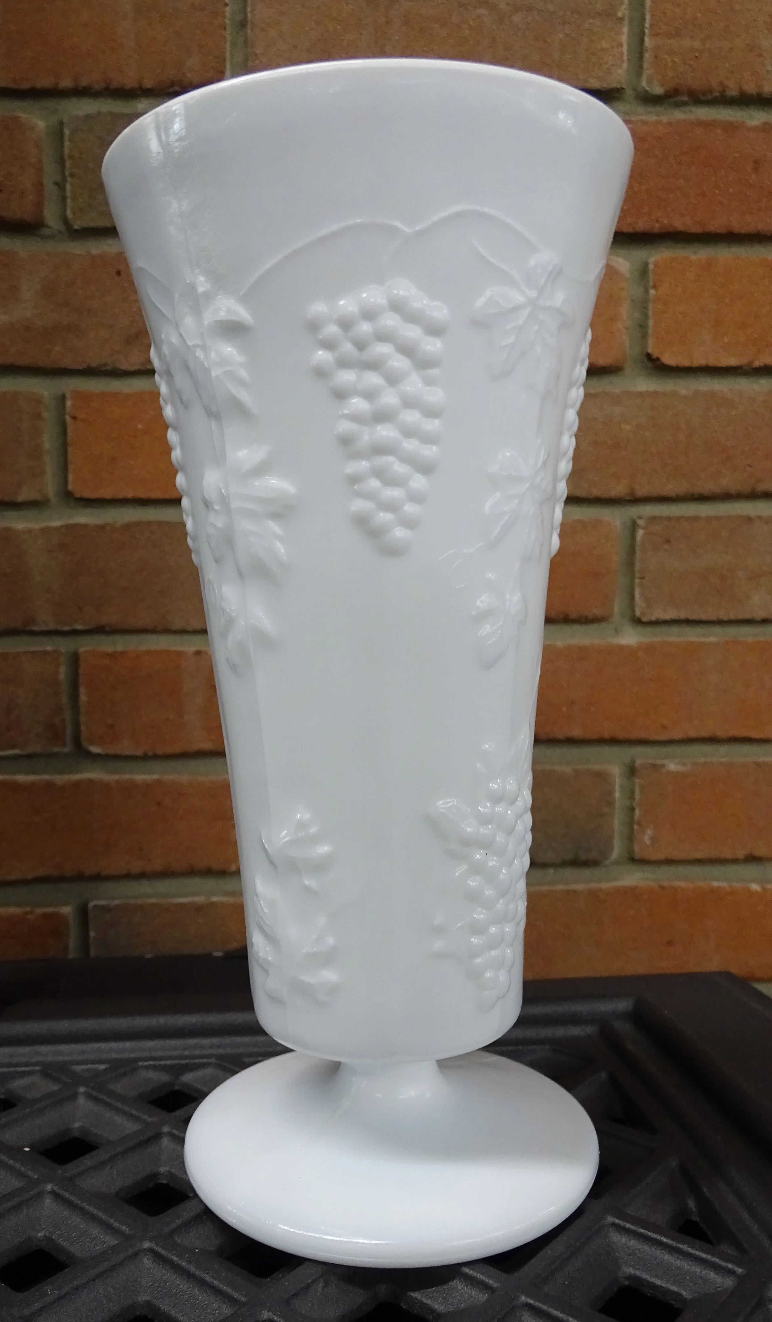 White Milk Glass Harvest Pattern Trumpet Vase.JPG