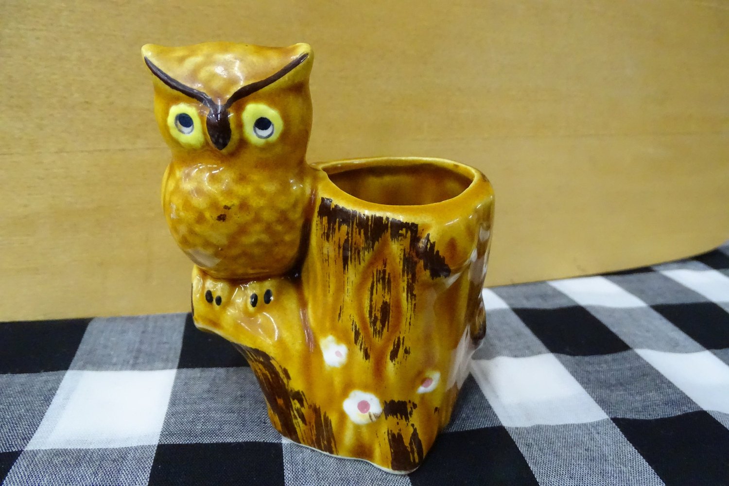 Vintage MCM Made in Japan Mini Ceramic Owl on Log Planter — Warmth & Cheer