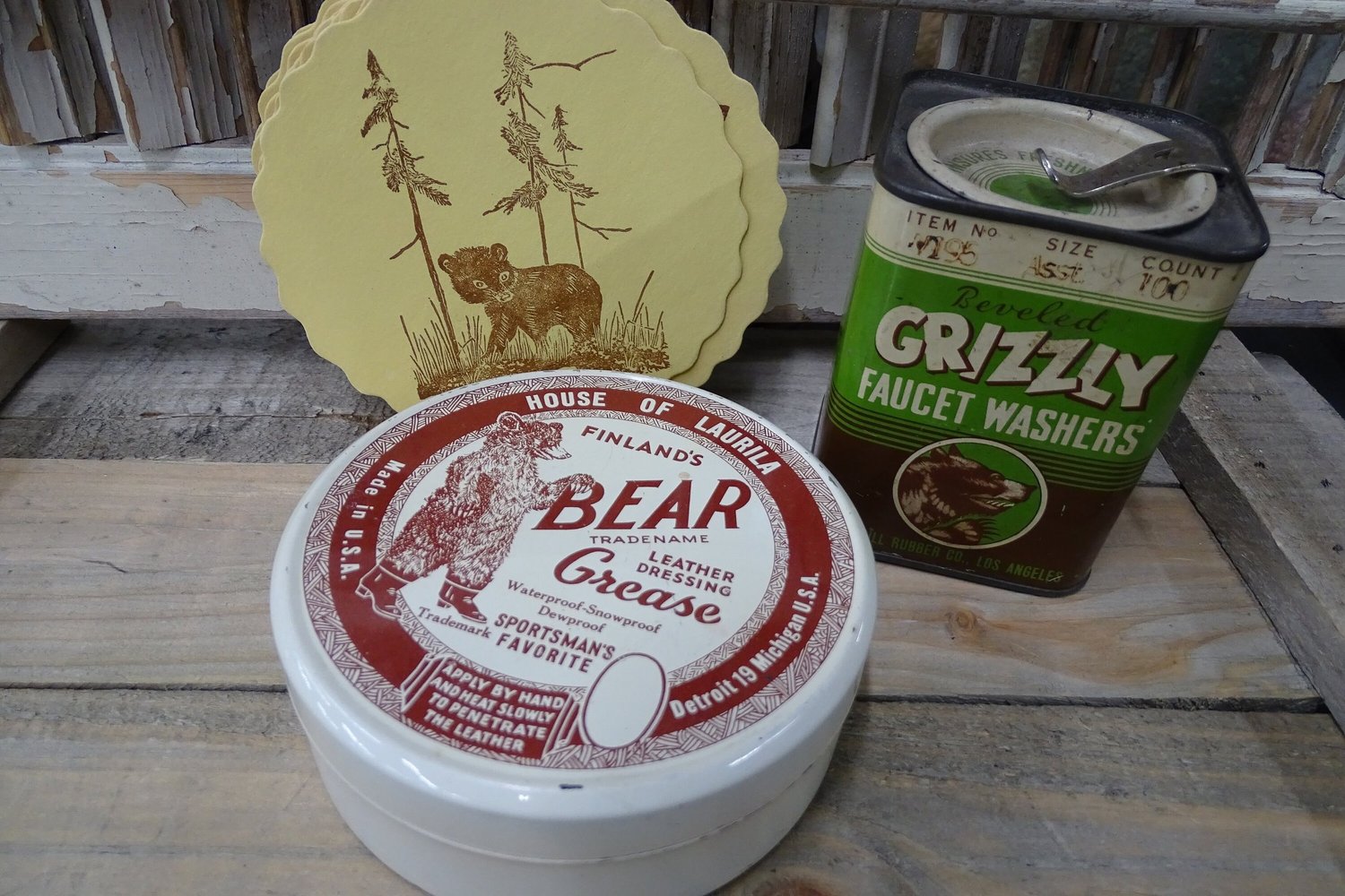 Vintage Bear Themed Cottage Gift Set; 2 Bear Tins and Gwen Frostic Coasters   Warmth & Cheer | Vintage Home Goods