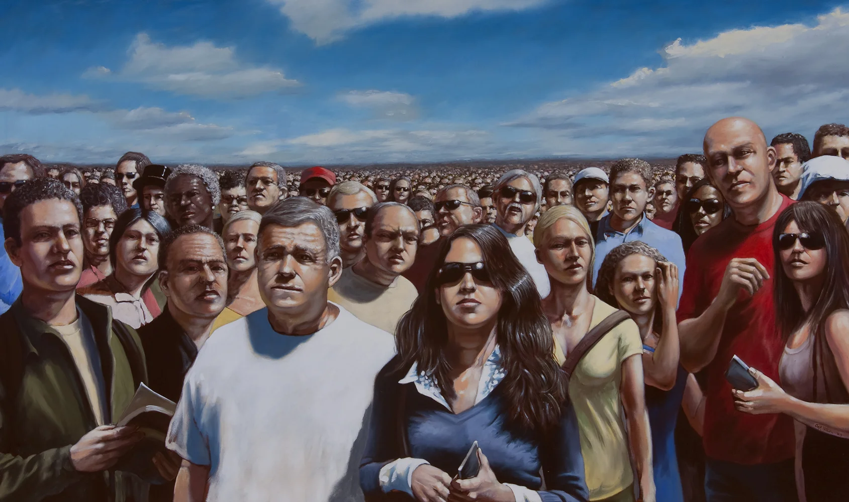  a large crowd gathers, completely transfixed by a most unnatural event. oil on canvas 
