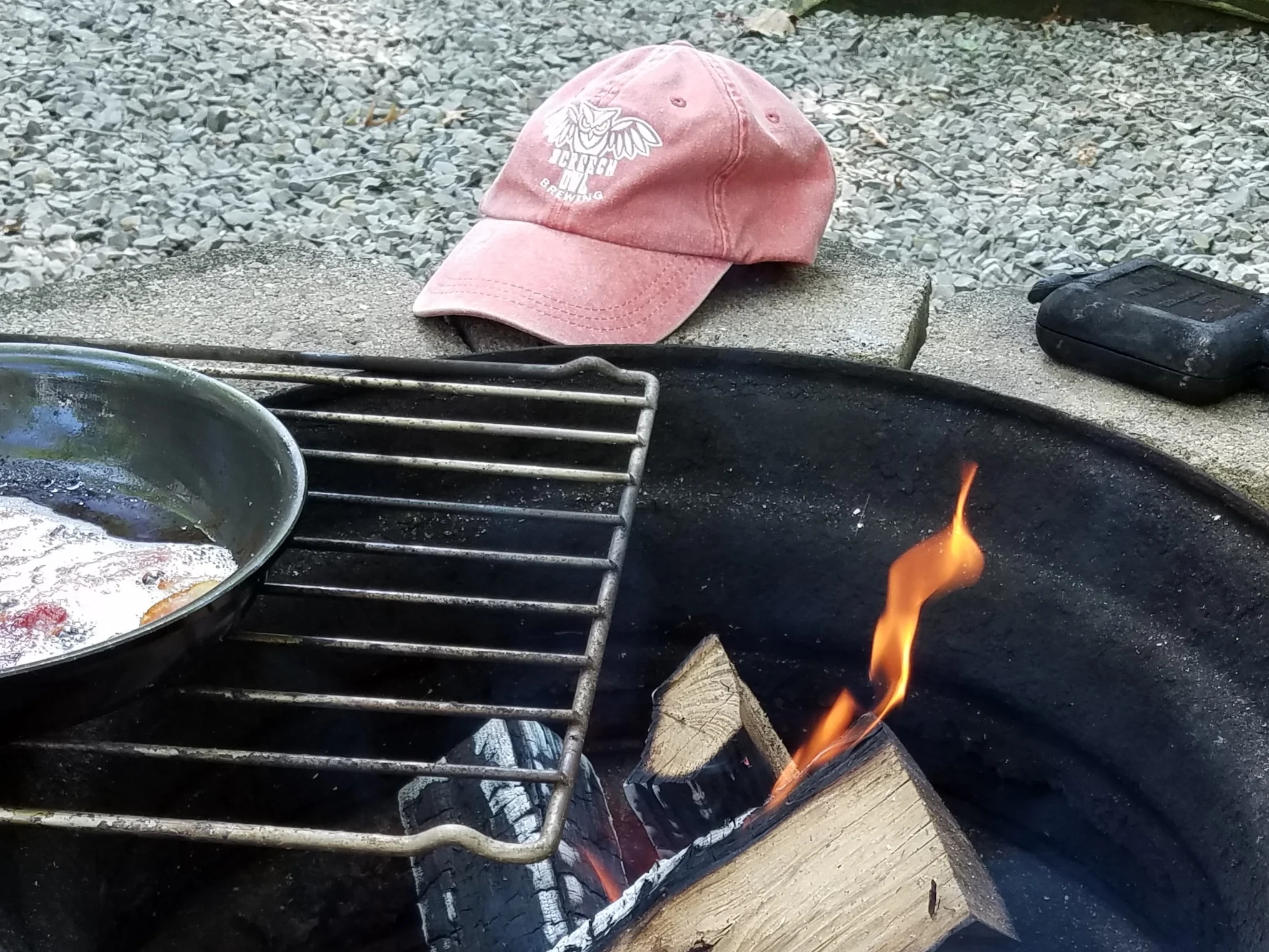 Mountain camping and bacon. Soon to be egg and bacon mountain pie. Farmington, PA. Benner's Meadow Camping and Cabins
