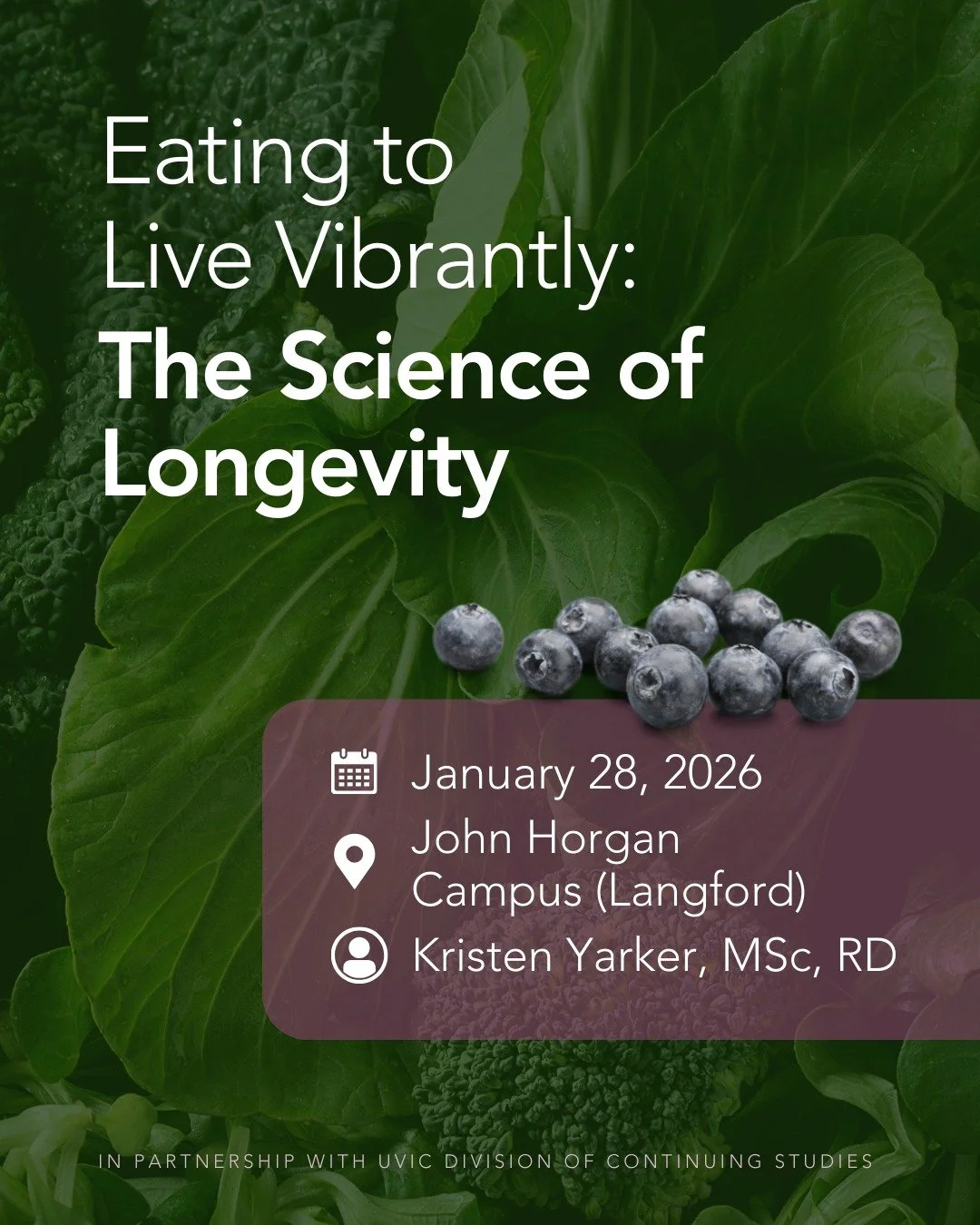 I&rsquo;m excited to share that UVic has invited me back to teach another continuing studies session 🎓✨

Eating to Live Vibrantly: The Science of Longevity
📍 In person at the brand new John Horgan Campus in Langford
🗓️ Wednesday, Jan 28 | 6&ndash;