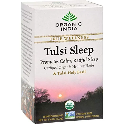 Tulsi Sleep Tea a soothing, adaptogenic herbal tea blend with chamomile, ashwagandha, peppermint, and the “queen of herbs”, tulsi, also known as holy basil, which supports respiratory health, has anti-inflammatory effects on joints and the digestive tract, reduces stress and anxiety, lowers blood sugar, and vitalizes the entire body.