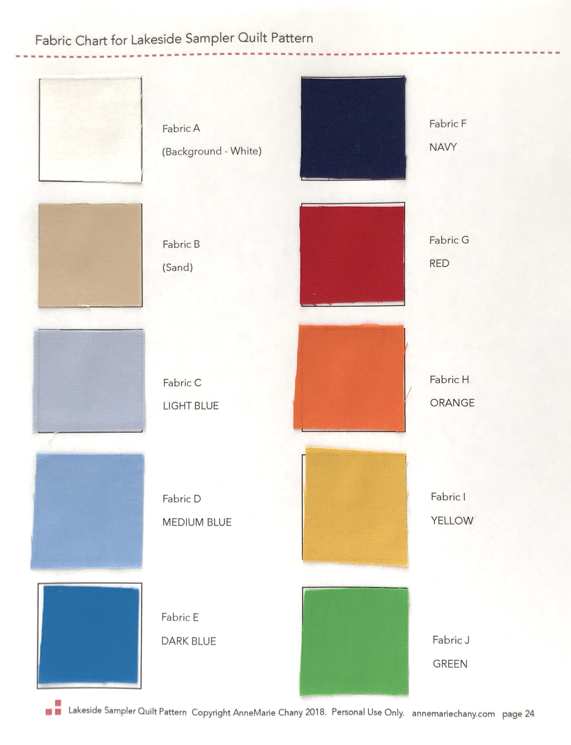 Lakeside Sampler Quilt Pattern Fabric Organization Chart