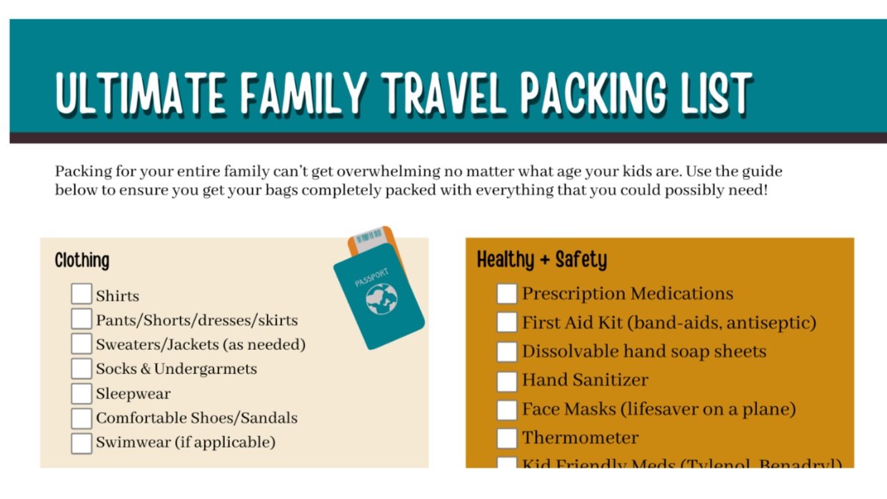 Family packing check list. Great for you to use when packing for any vacation.
