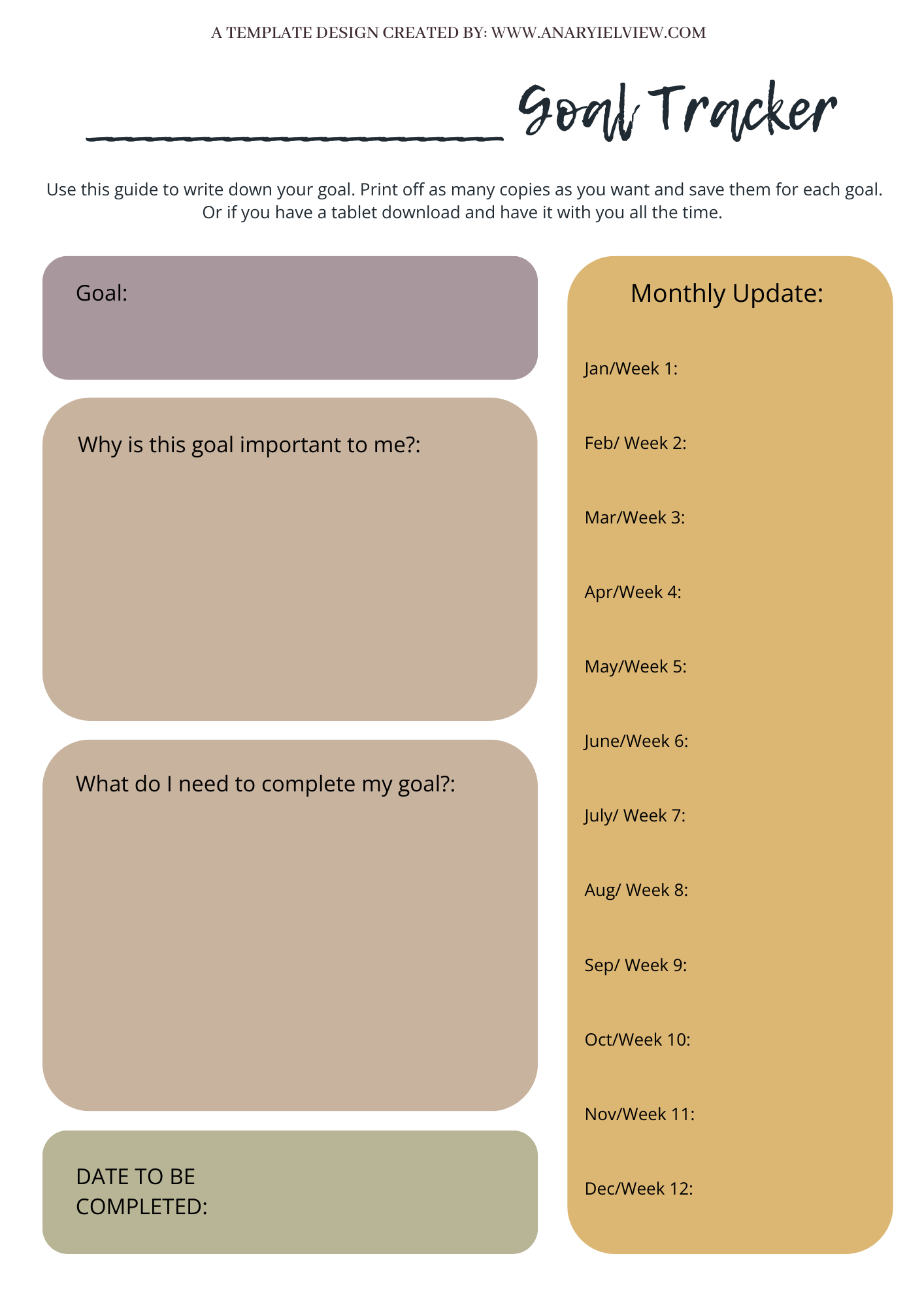 Free monthly or weekly goal tracker