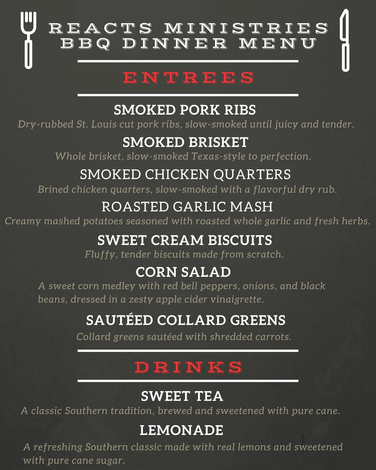 Hey all!  Our Benefit Dinner is right around the corner!  Here&rsquo;s the menu for the night!  And just a reminder that early deadline is coming up quick!  DM us for info and if you have questions! Let&rsquo;s go!