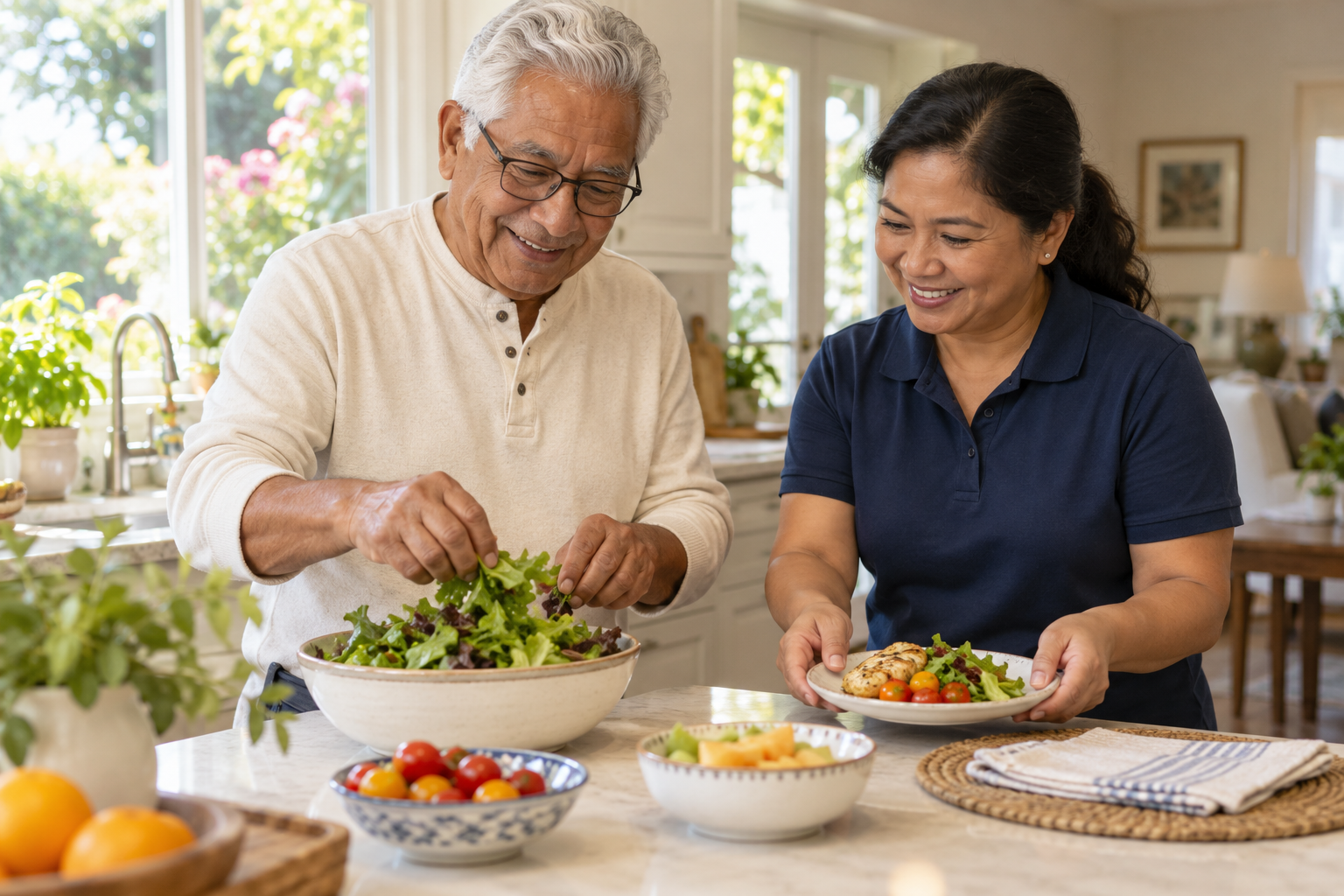 An older adult and a caregiver preparing lunch together in a bright home kitchen
