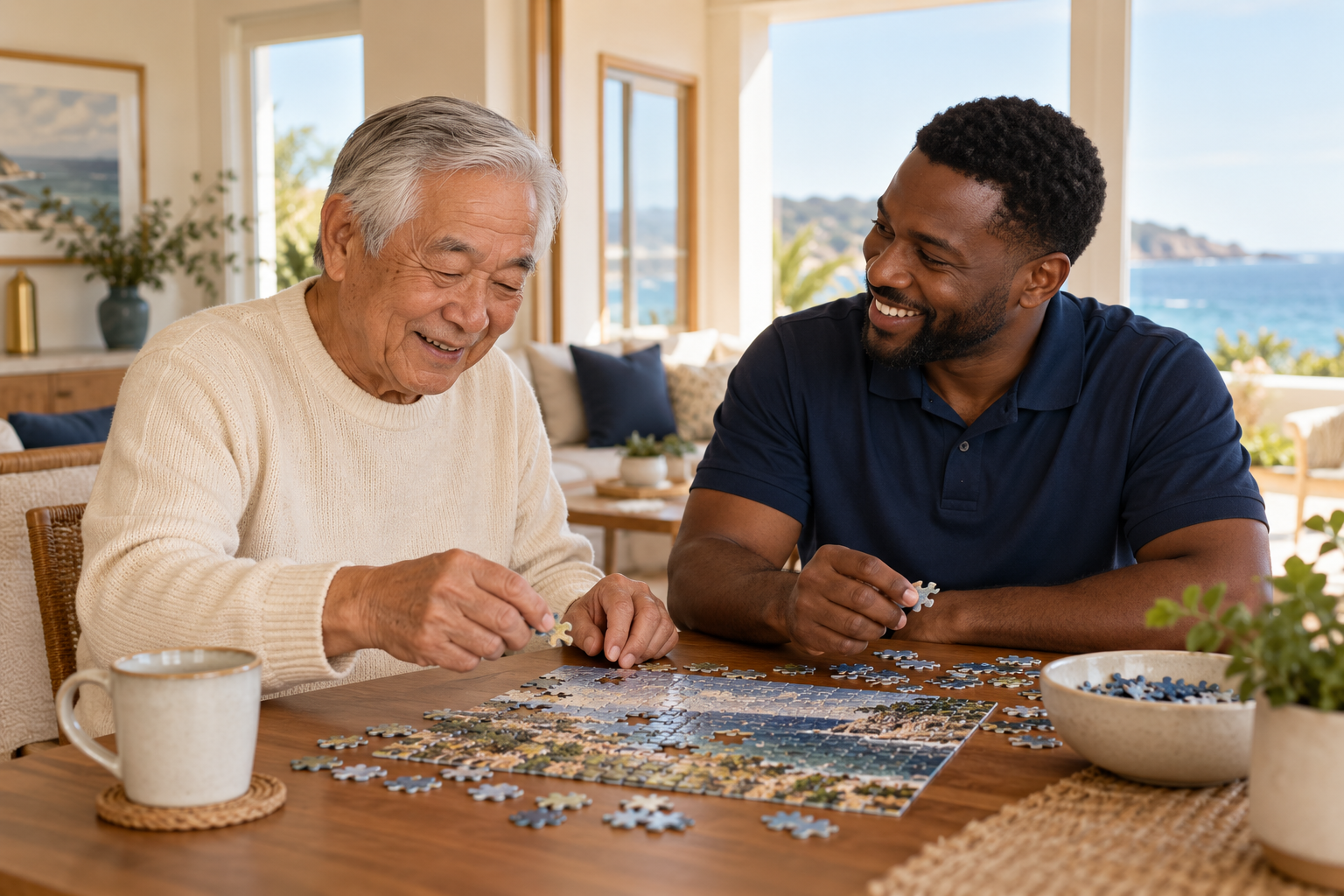 An older adult and a caregiver sharing a puzzle at home
