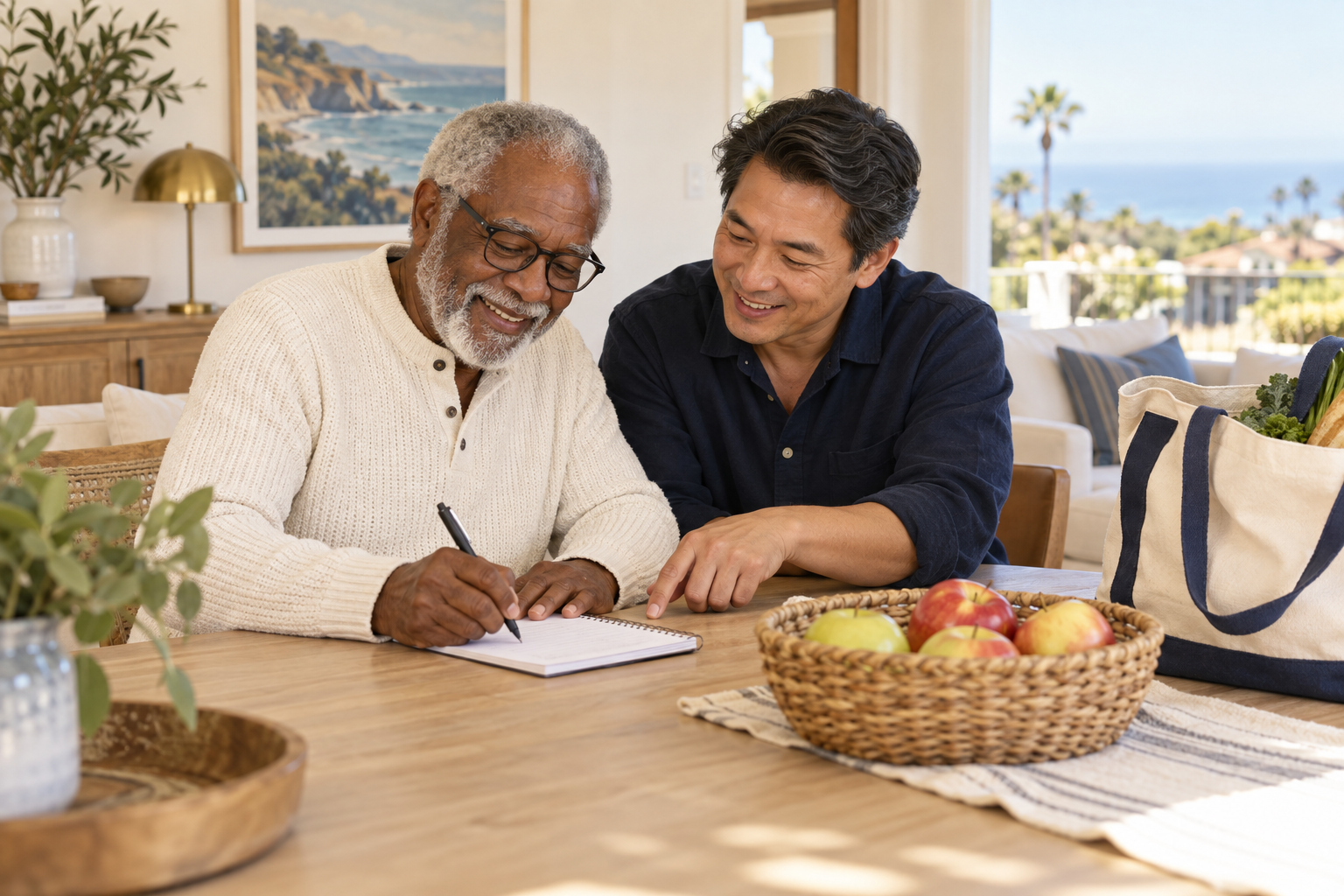 An older adult and a caregiver making a grocery list together at home