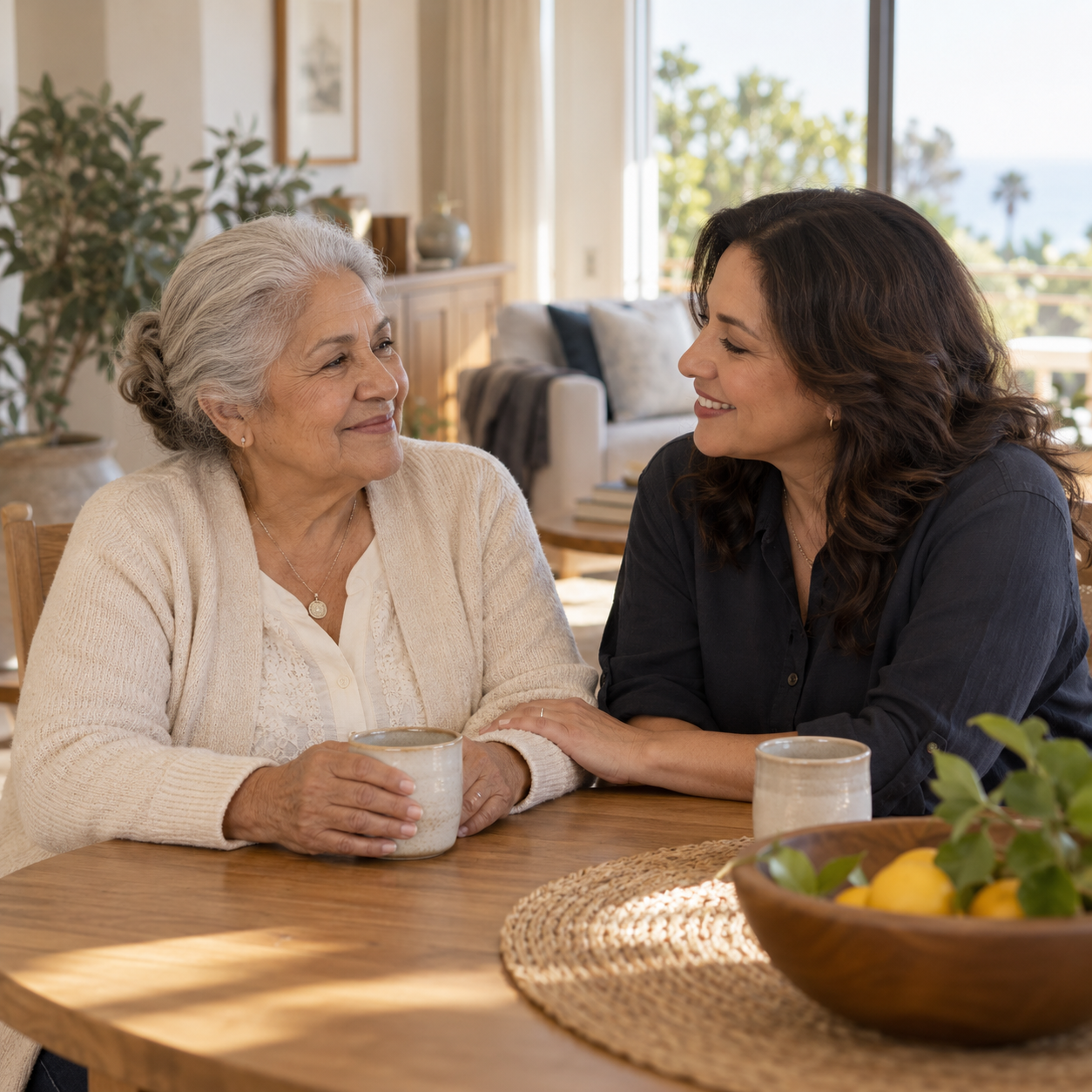 An older woman and a companion sharing a conversation over tea at home