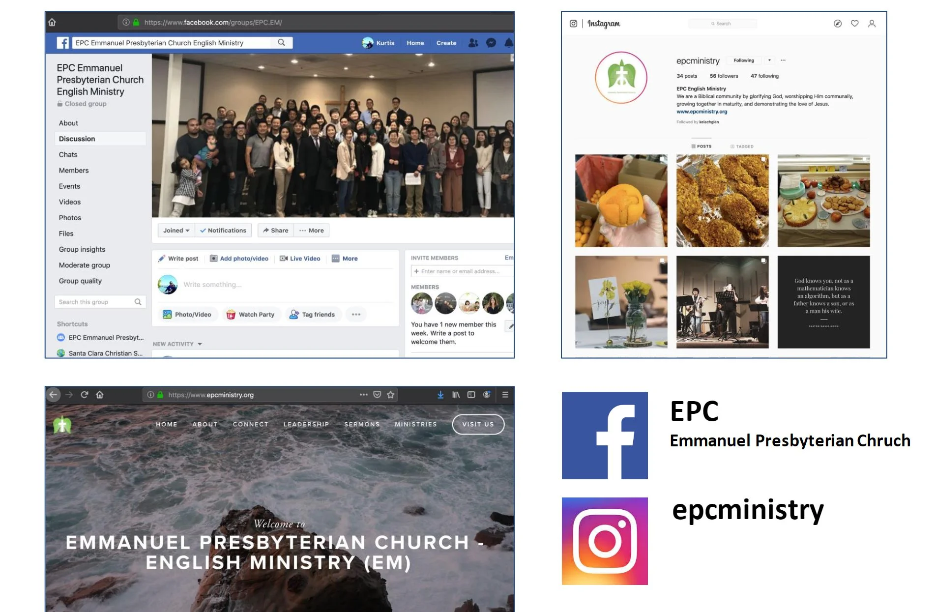 Follow us on social media! You can find the latest announcements and messages on our Facebook page at https://www.facebook.com/groups/EPC.EM/ or Instagram at https://www.instagram.com/epcministry/