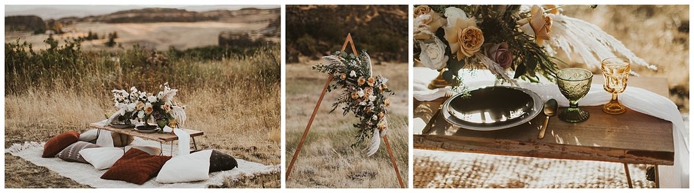  an intimate seating area for two in a desert, with a triangle arch for a wedding ceremony adorned with dried florals 