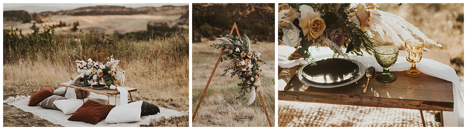 an intimate seating area for two in a desert, with a triangle arch for a wedding ceremony adorned with dried florals
