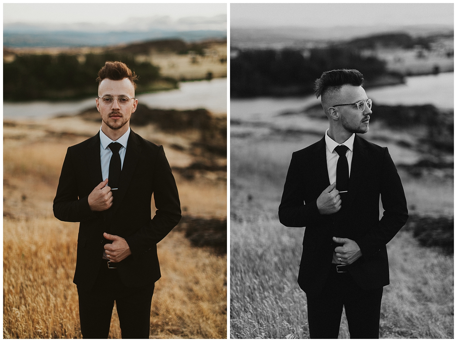 a groom dressed in a suit and tie fixes his jacket