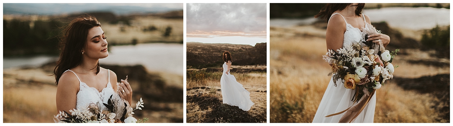 a beautiful brunette bride stands overlooking a lake while holding her boho bouquet