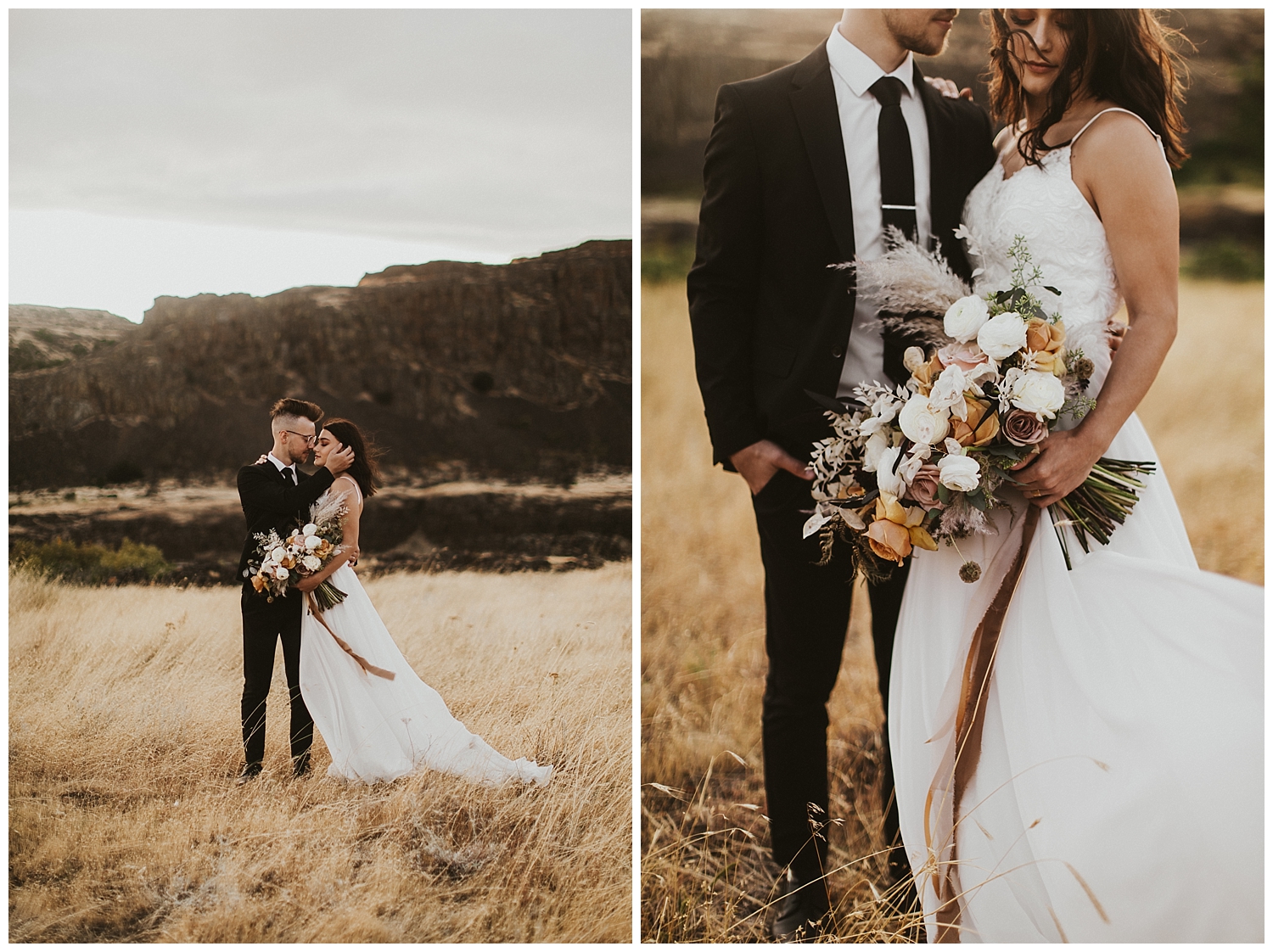 a bride and groom stand together in the desert, her dress and the ribbon on her bouquet blowing in the wind