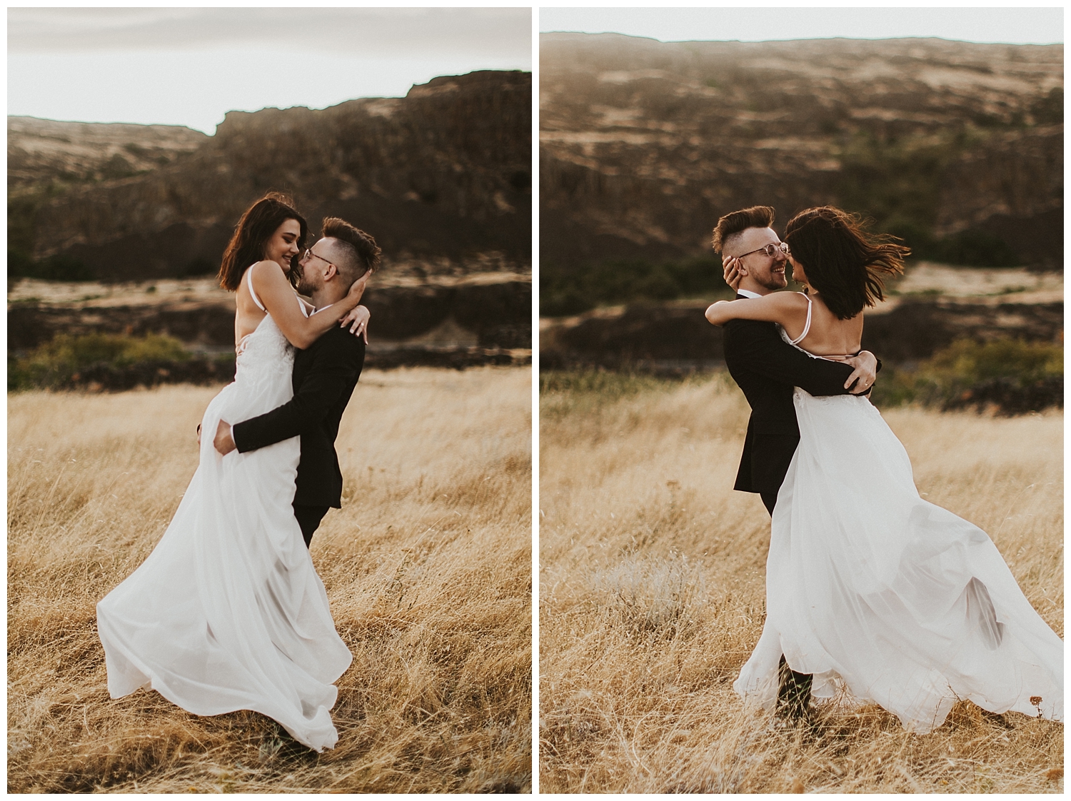 a groom twirls his bride around in circles and makes her dress flow out around her