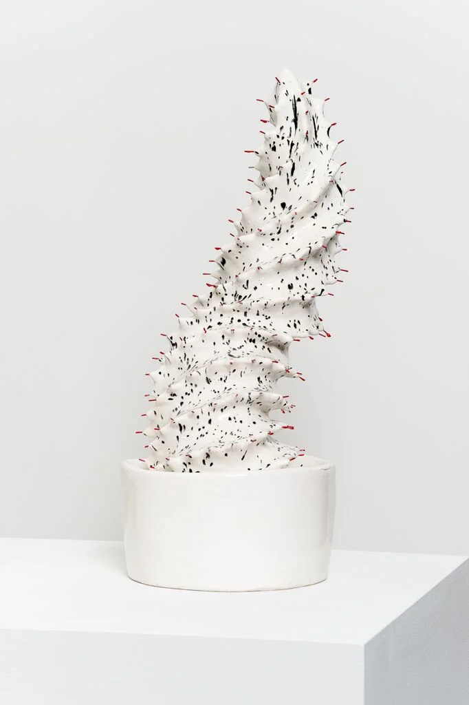 Elana Bowsher, Untitled, 2017, Stoneware, glaze, wire, enamel, 21 x 8 x 8 in