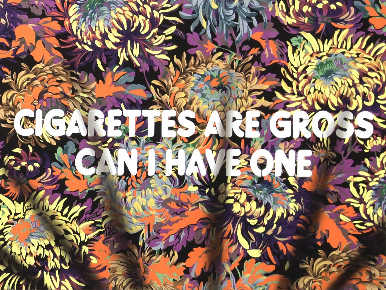 Cigarettes Are Gross, Can I Have One , 2018, Acrylic and spray paint on fabric panel, 21 x 28 in
